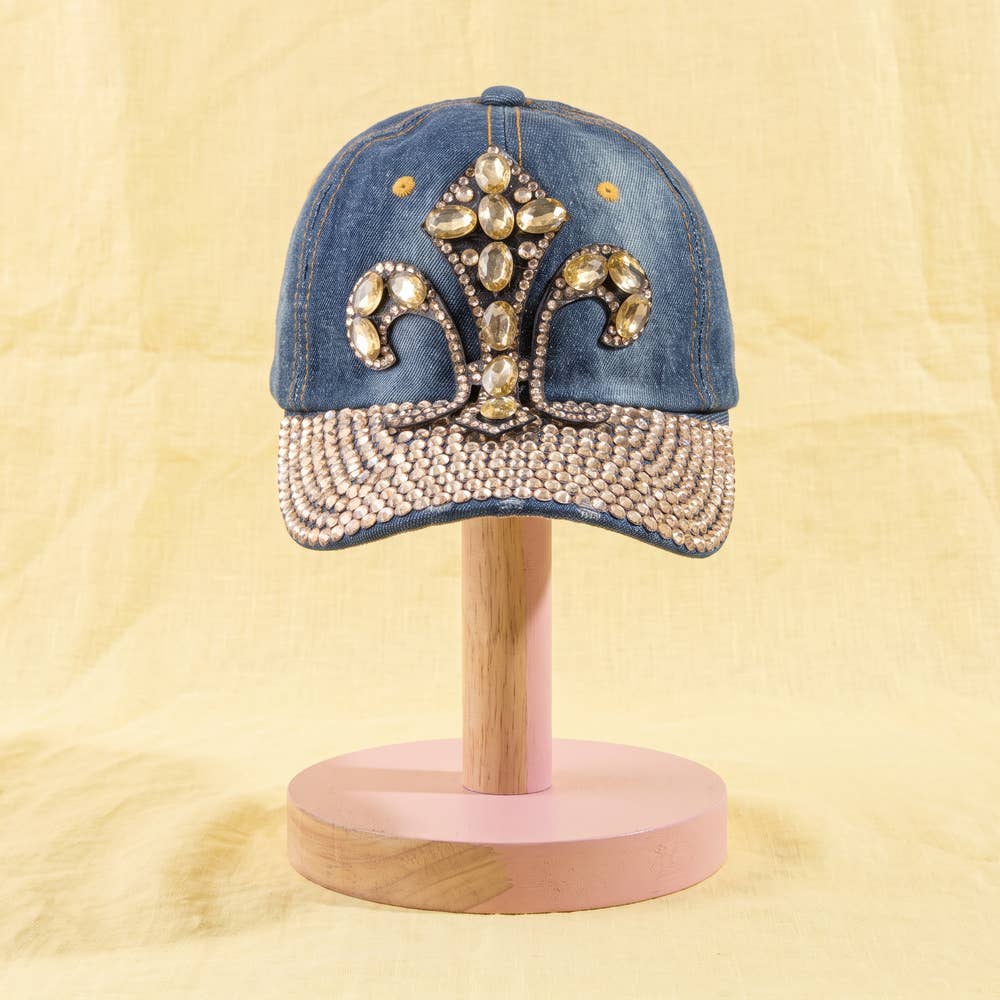 Gem Fleur De Lis Rhinestone Bill Denim Baseball Cap