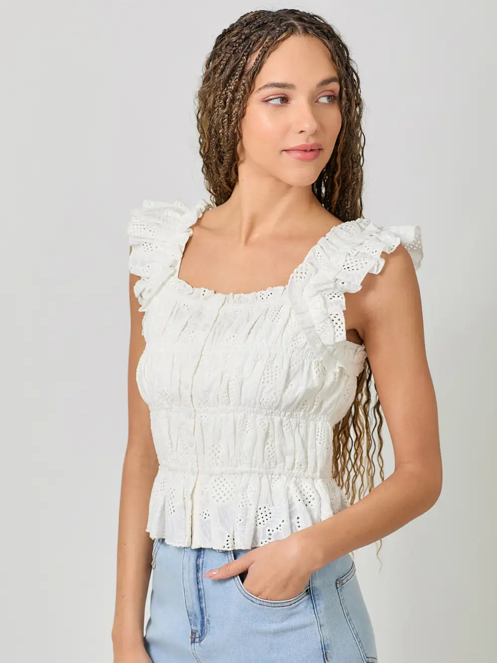 Eloisa Ruffle Shoulder Rutched Top