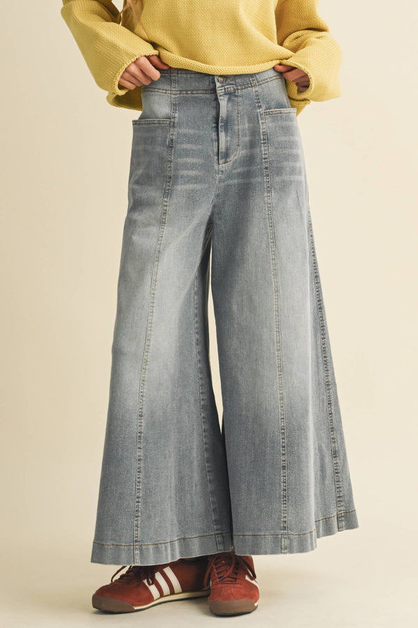 Vertical Seam Wide-Leg Denim Trousers