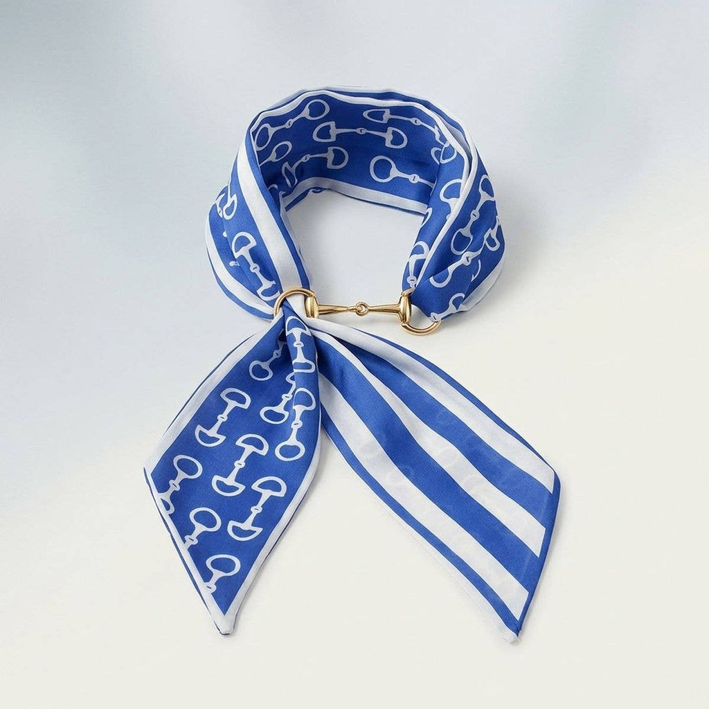 Horsebit Blue White Print Silky Scarf Necklace