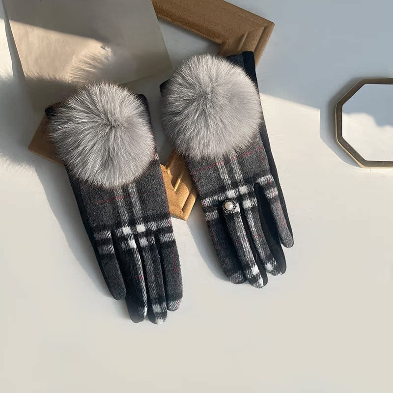 Checks Winter Gloves with Faux Fur Pompom