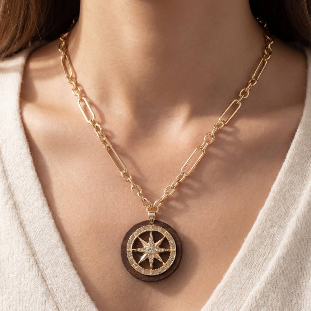 Paperclip Chain Cz Compass Star Medallion Pendant Necklace