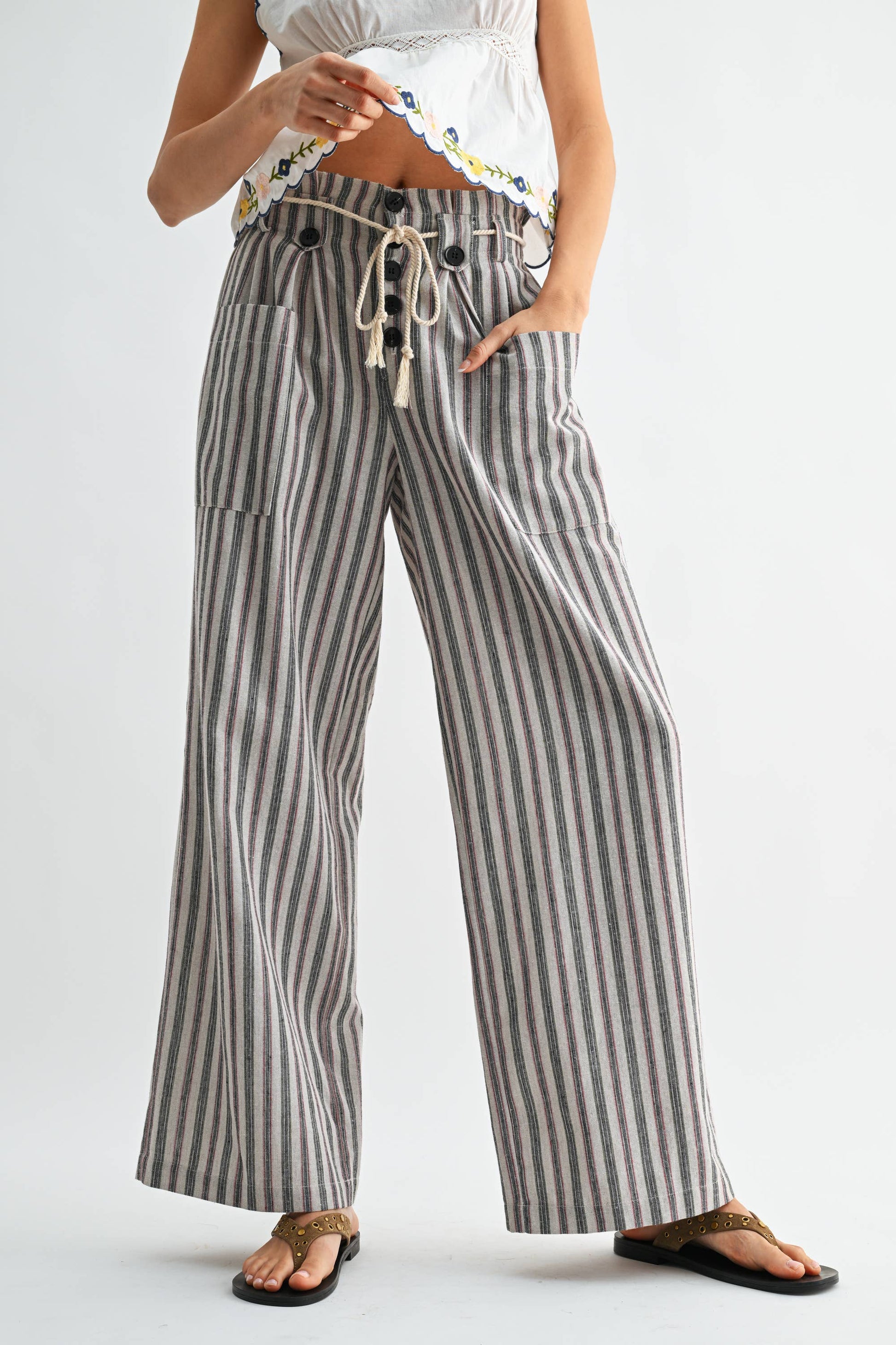 Striped Linen-Blend Wide Leg Pants with Drawstring
