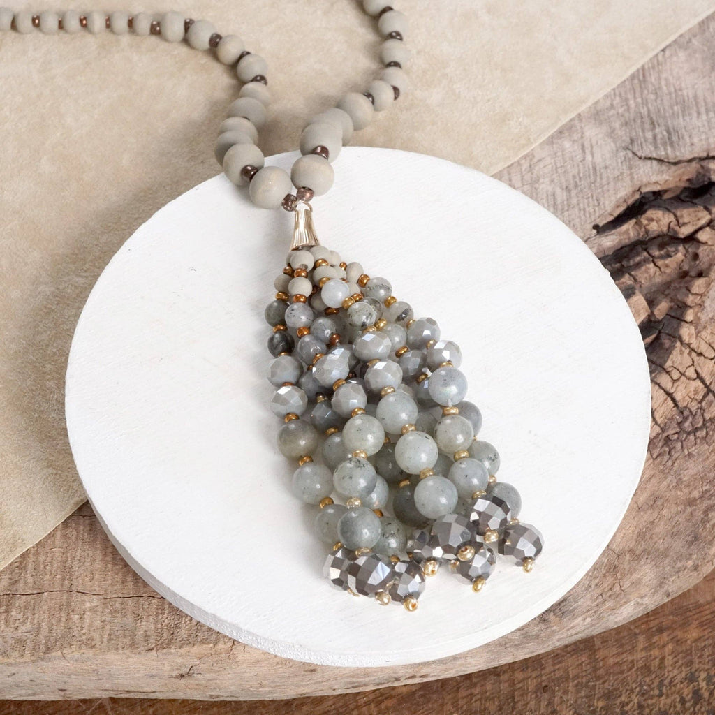 Desert Harmony – Mala Beaded Tassel Necklace with Amazonite or Labradorite