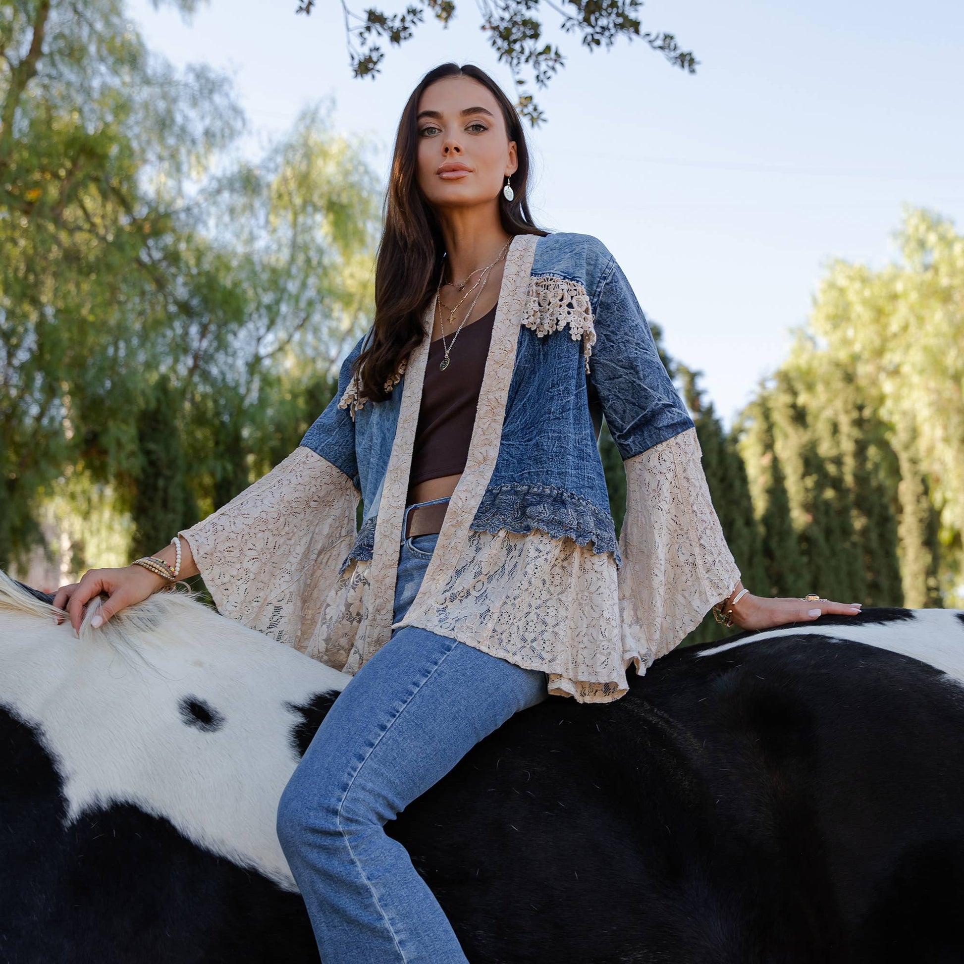 Boho Lace & Denim Patchwork Kimono Top/Sienna