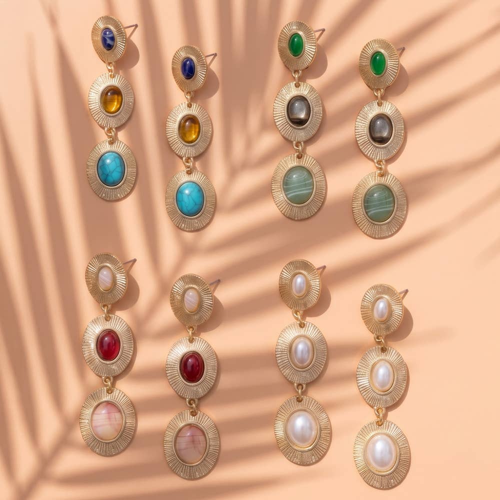Sunburst Etched Triple Cabochon Drop Earrings