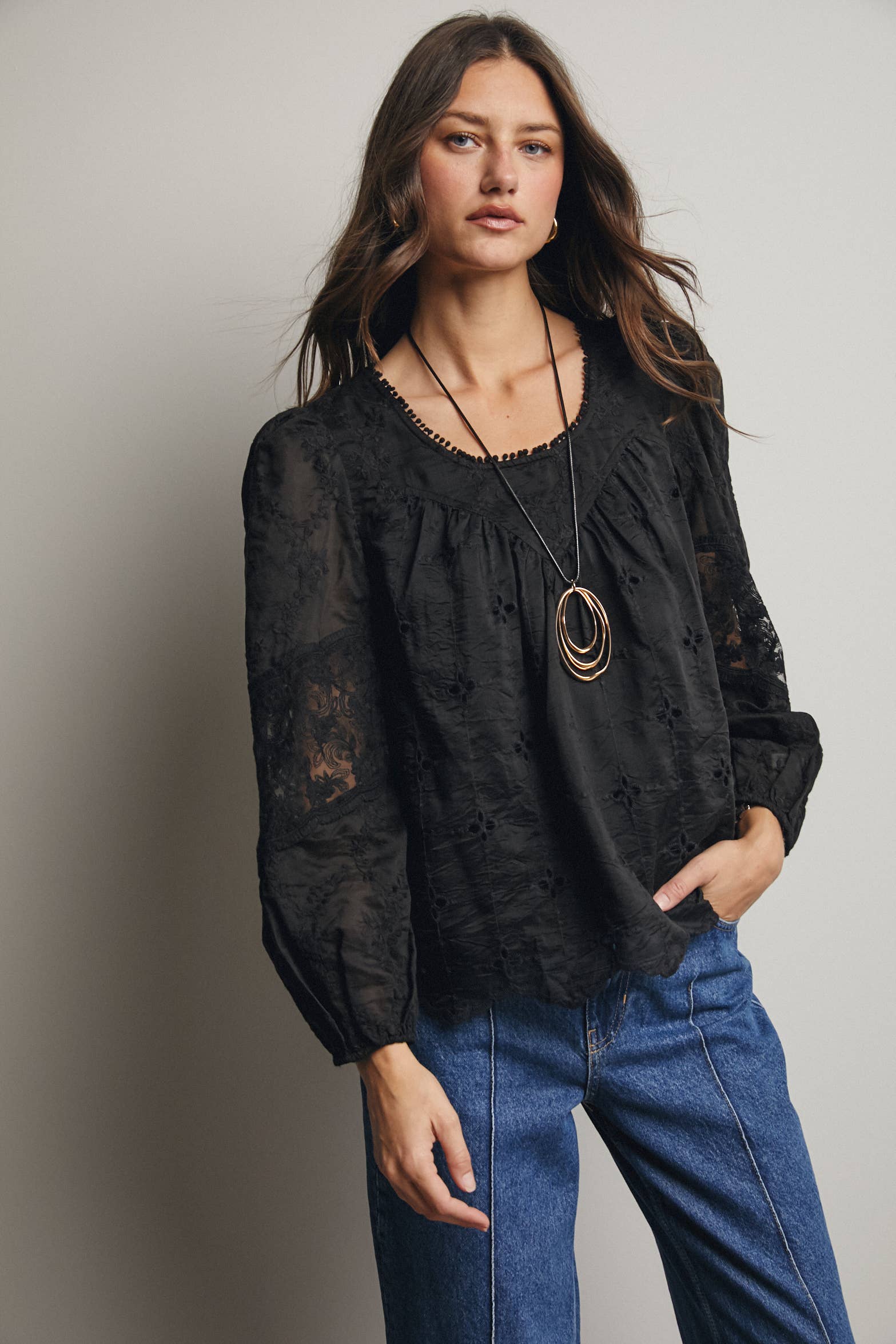 Embroidered Lace Puff Sleeve Blouse