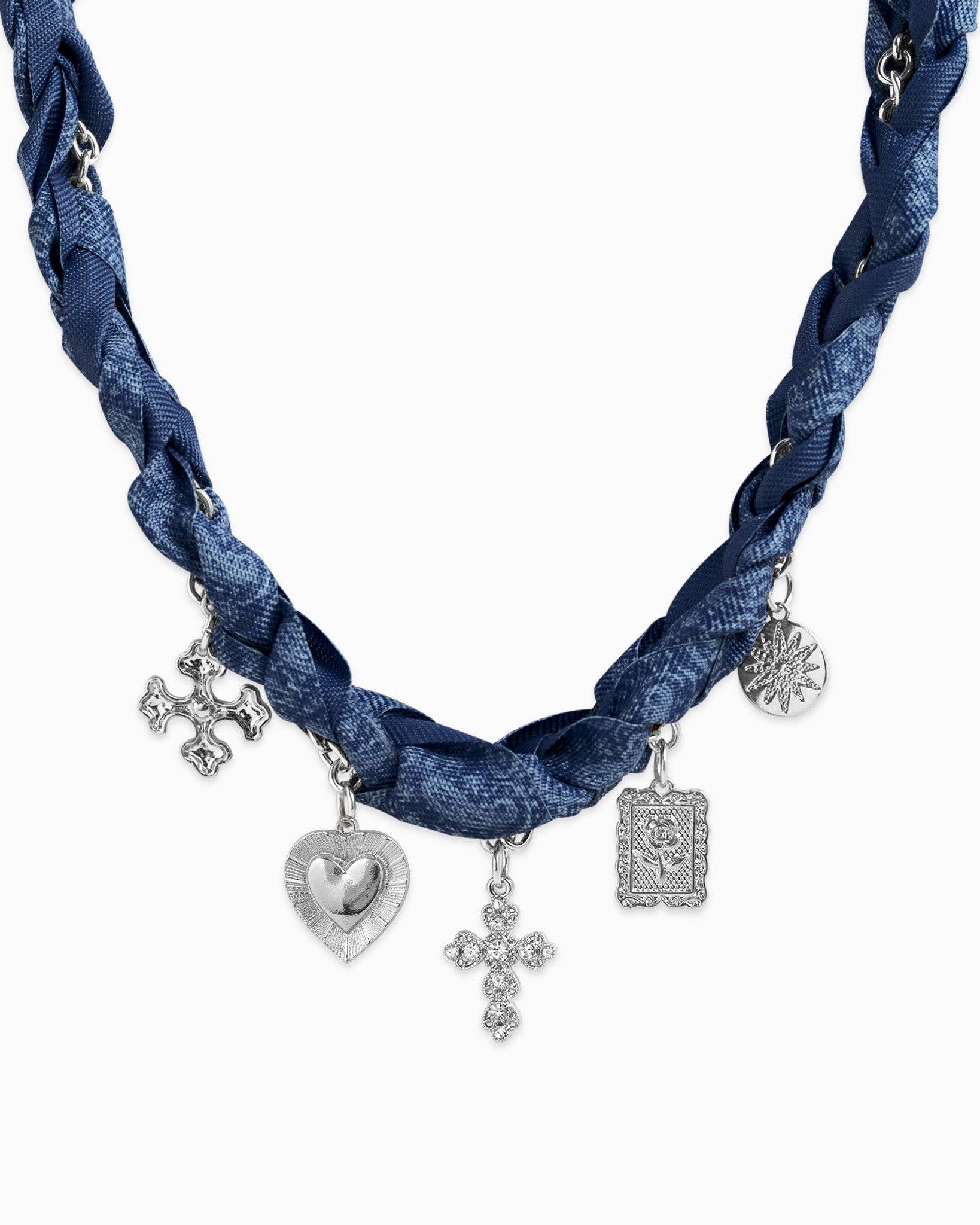 Denim Chunky Scarf Cross Heart Charm Necklace