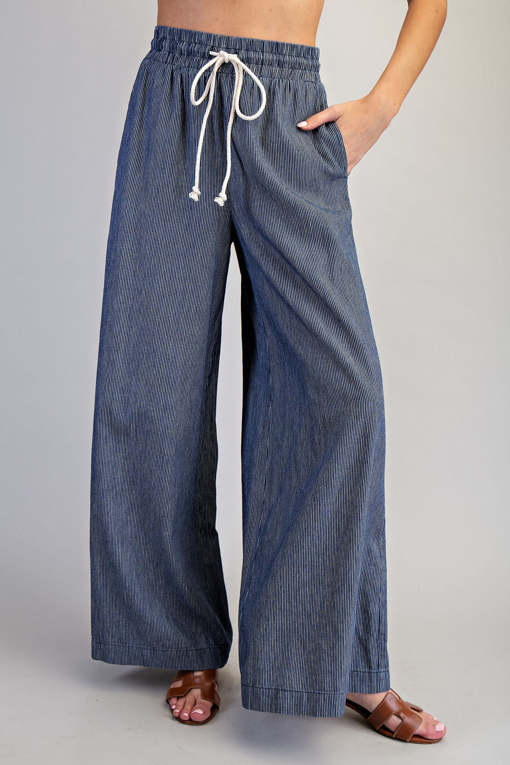 Washed Pinstriped Tie Waist Wide Leg Pants