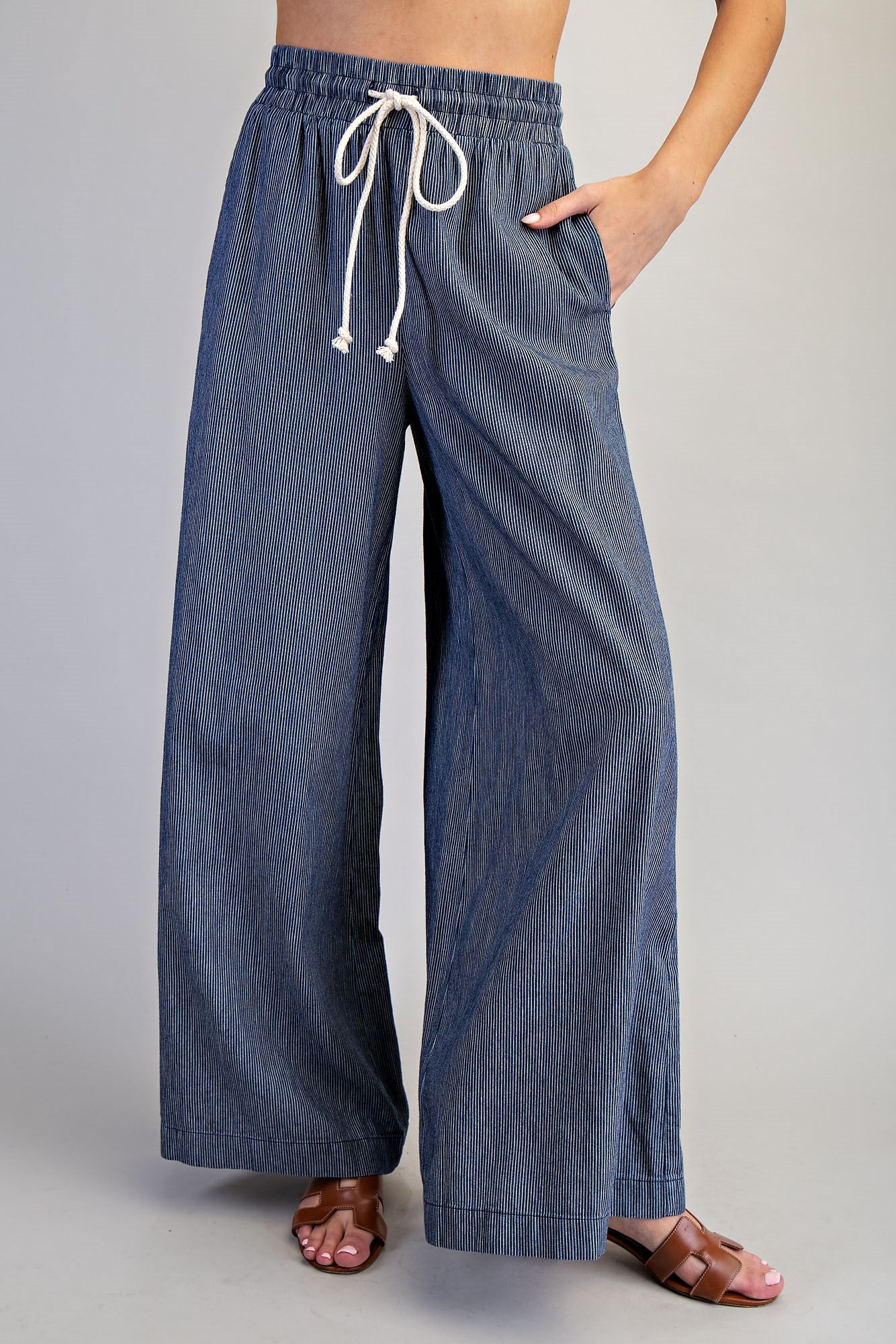Washed Pinstriped Tie Waist Wide Leg Pants