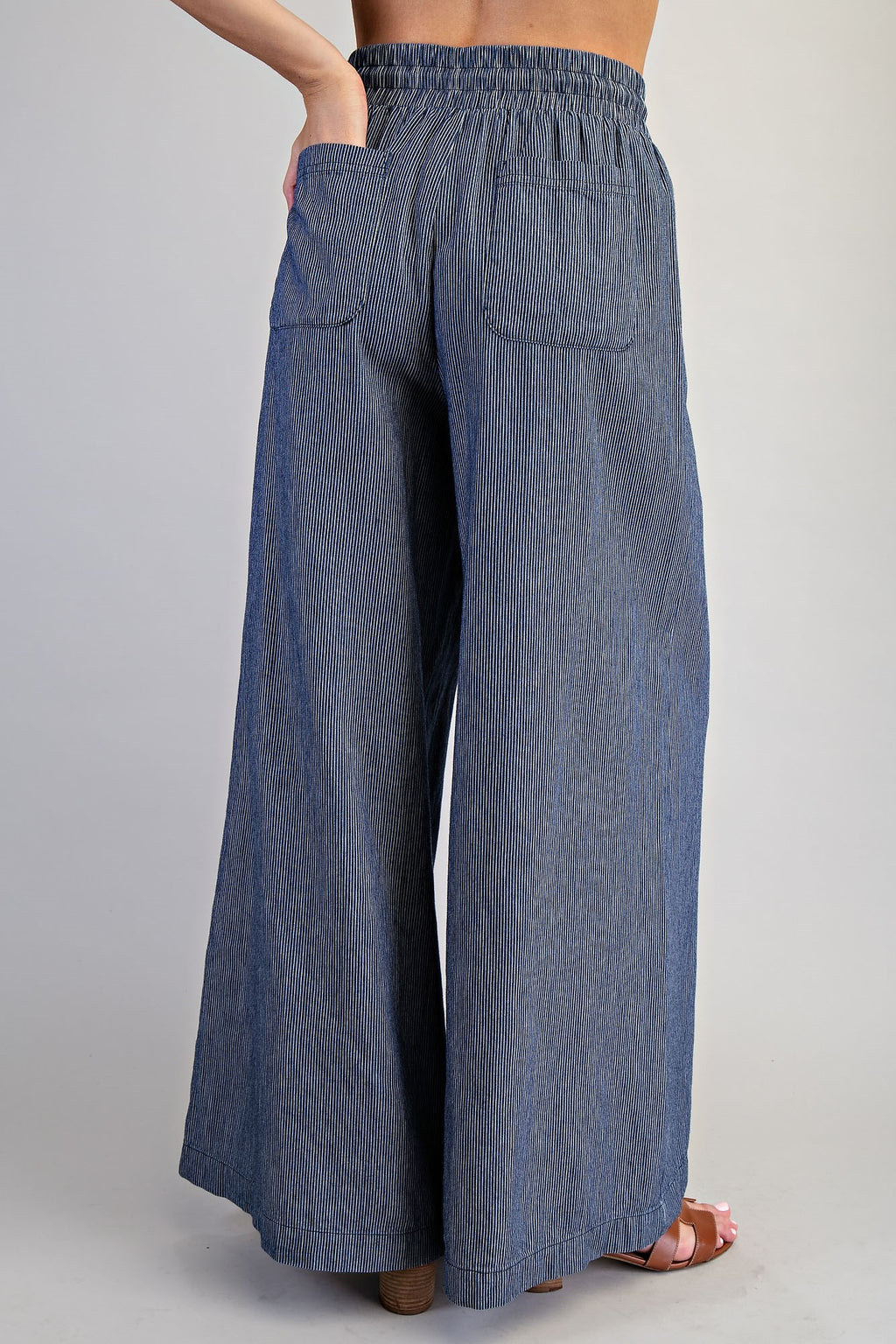 Washed Pinstriped Tie Waist Wide Leg Pants