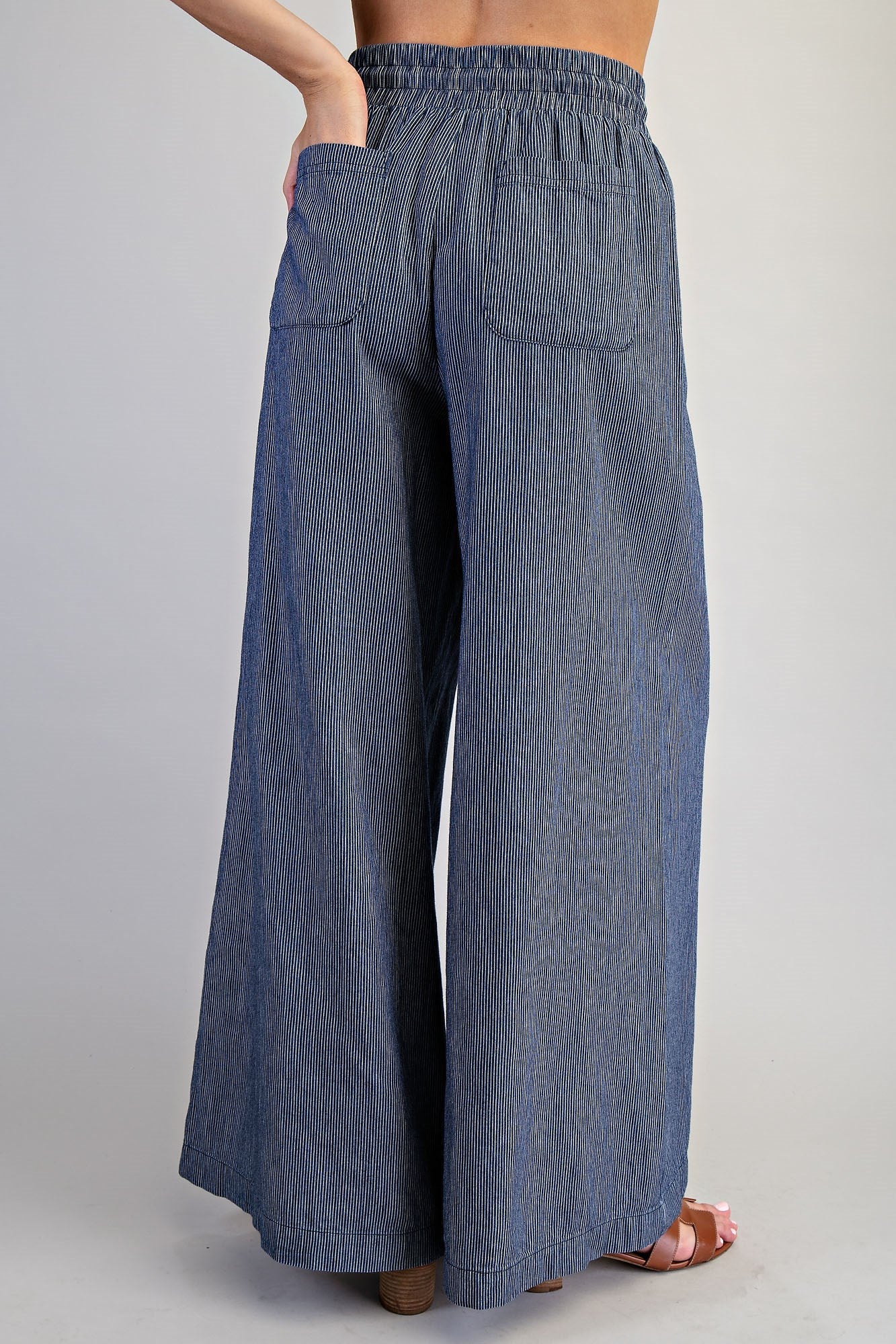 Washed Pinstriped Tie Waist Wide Leg Pants
