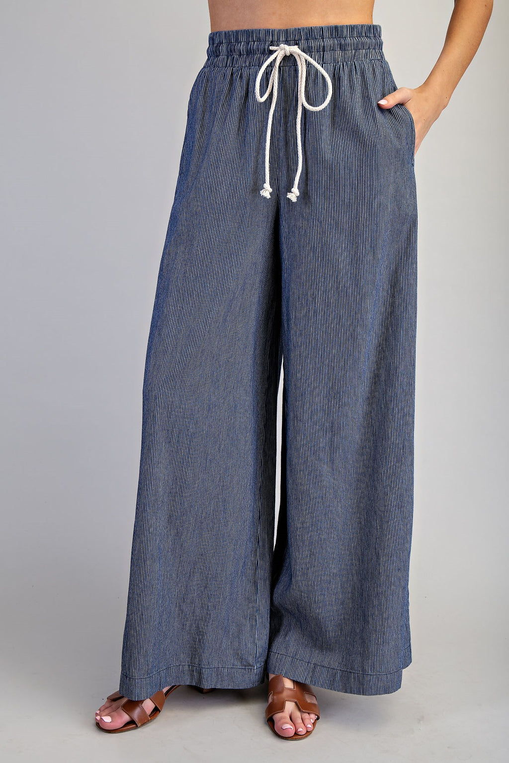 Washed Pinstriped Tie Waist Wide Leg Pants