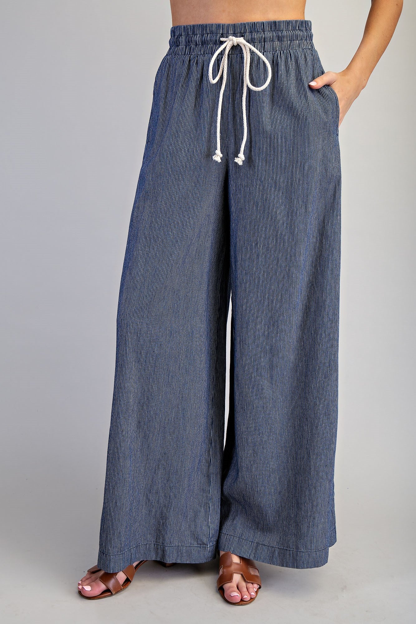 Washed Pinstriped Tie Waist Wide Leg Pants