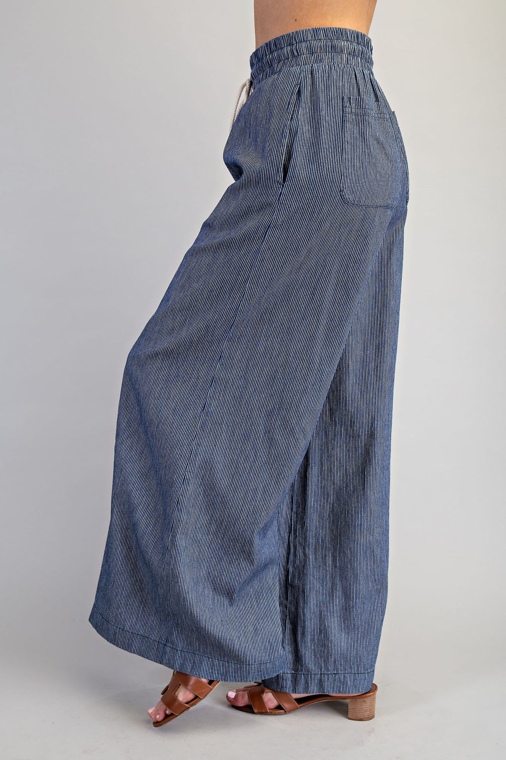 Washed Pinstriped Tie Waist Wide Leg Pants