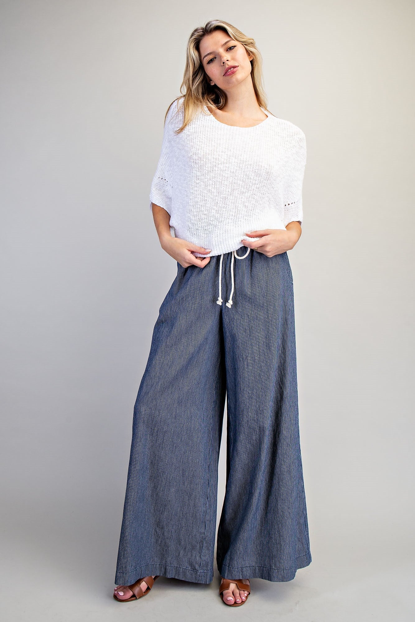Washed Pinstriped Tie Waist Wide Leg Pants