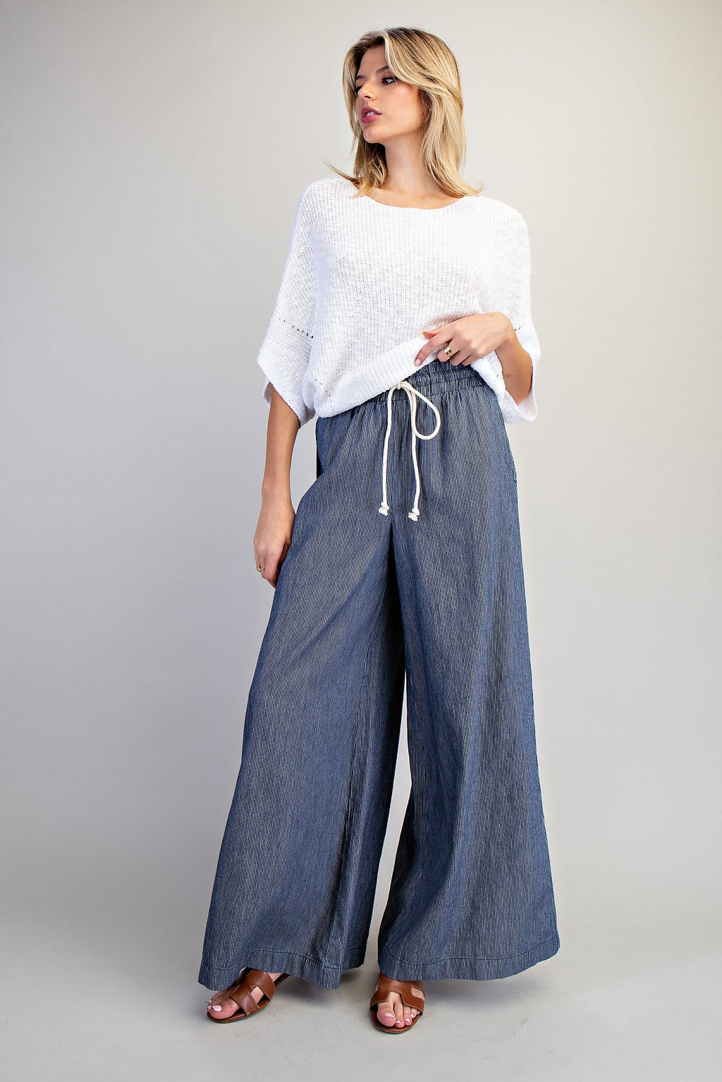 Washed Pinstriped Tie Waist Wide Leg Pants