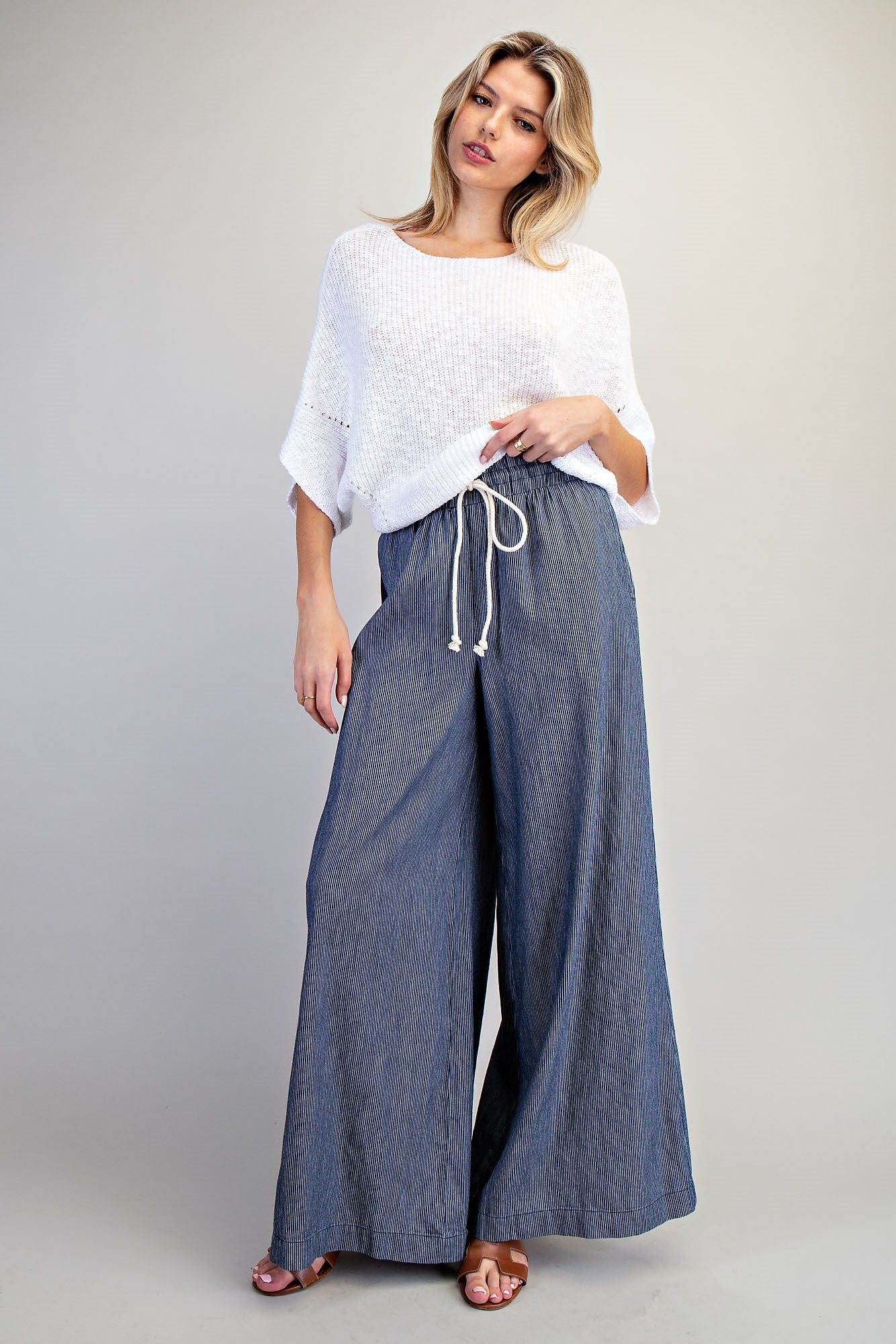 Washed Pinstriped Tie Waist Wide Leg Pants