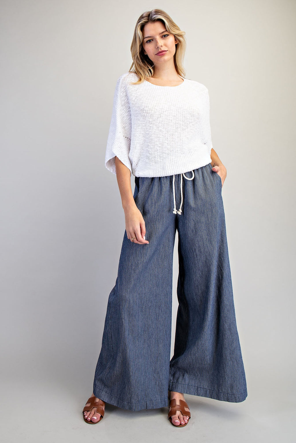 Washed Pinstriped Tie Waist Wide Leg Pants