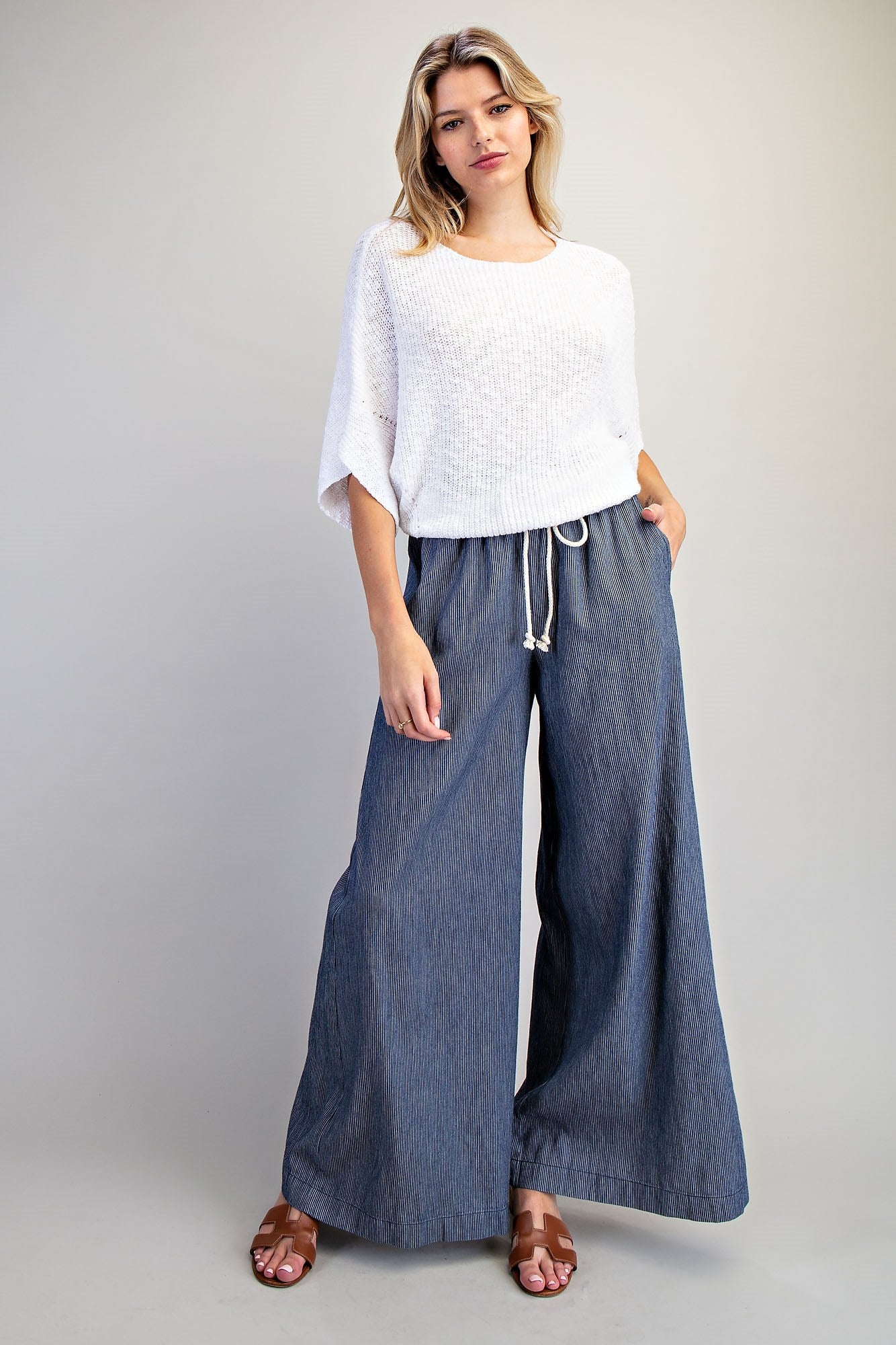 Washed Pinstriped Tie Waist Wide Leg Pants