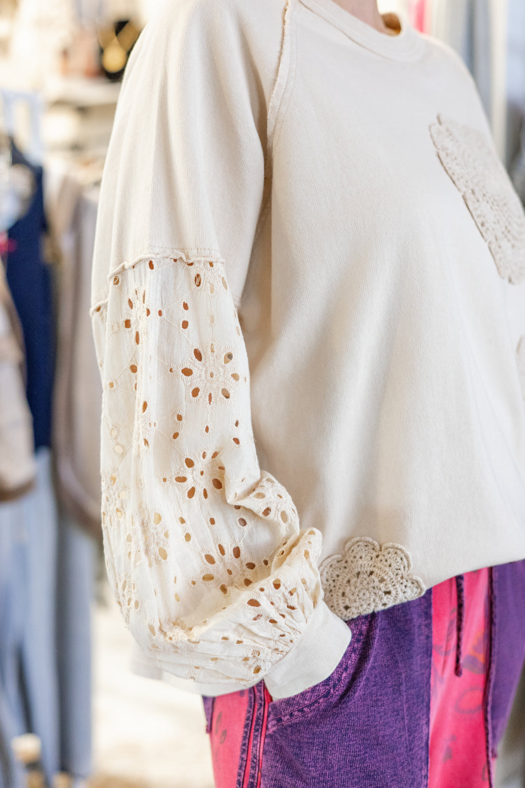 Easel Bestsellers Cotton Long Sleeve Meadow Stitch Top