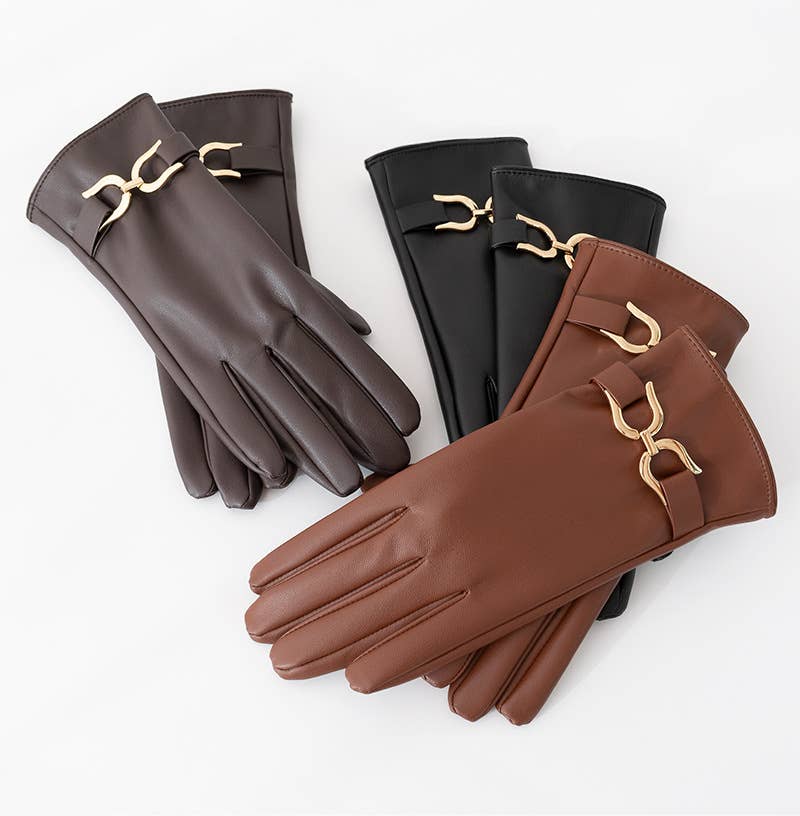 Faux Leather Gloves with Gold Buckle Detail