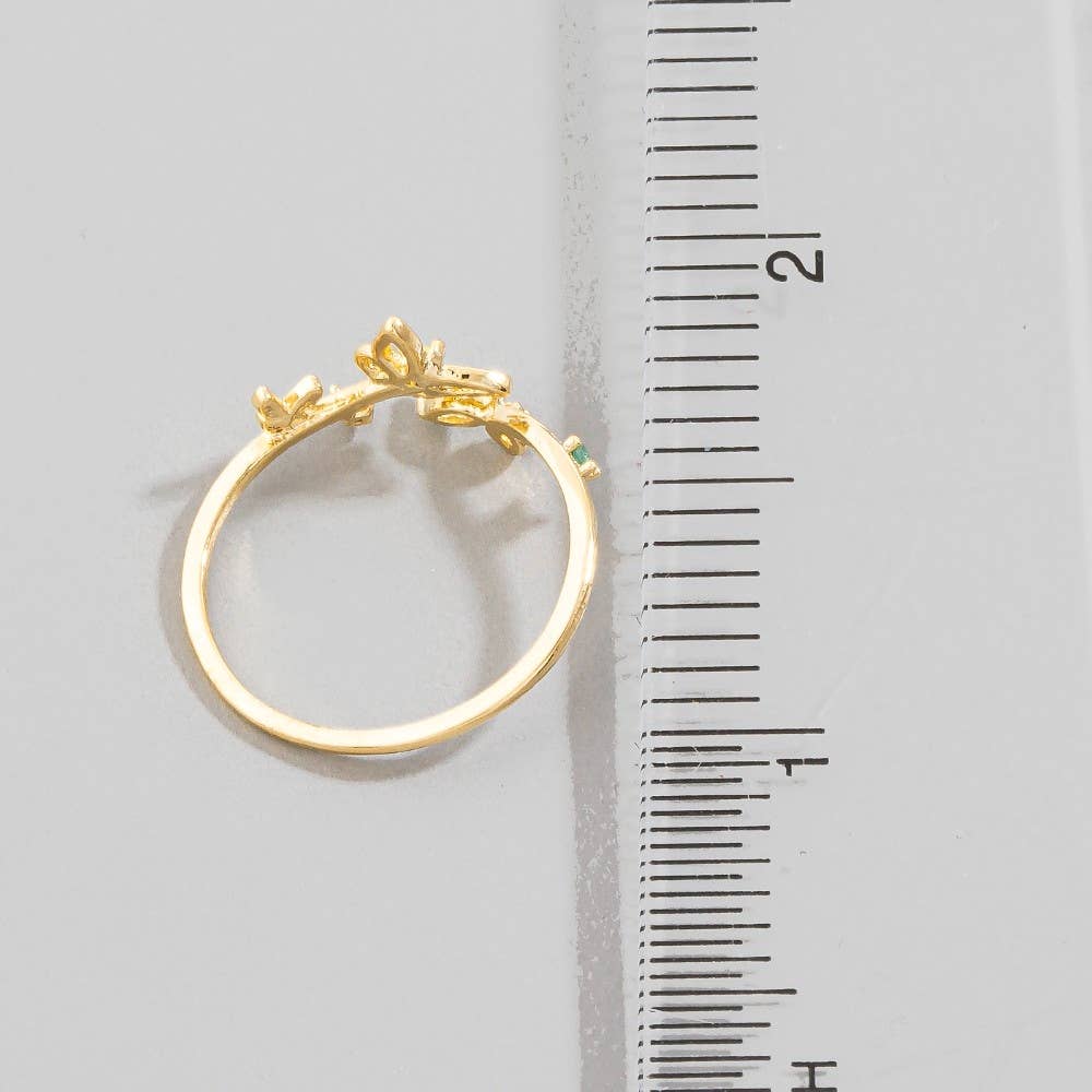 Gold Dipped Cz Leaf And Butterfly Open Ring