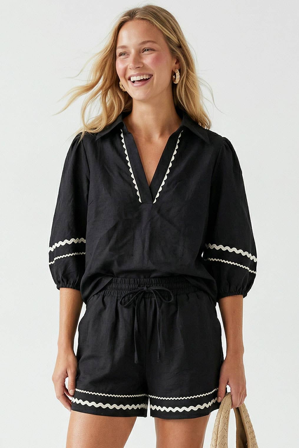 Contrast Trim Puff Sleeve Linen Blouse