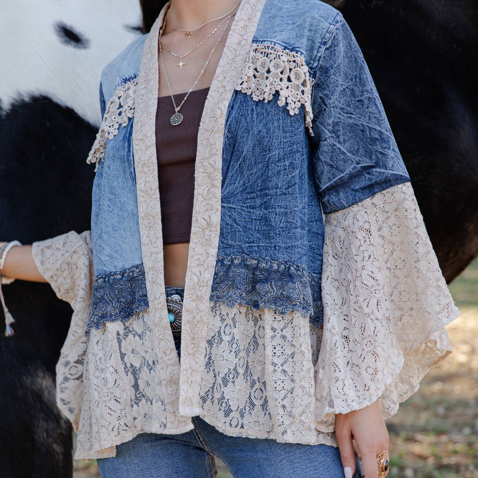 Boho Lace & Denim Patchwork Kimono Top/Sienna
