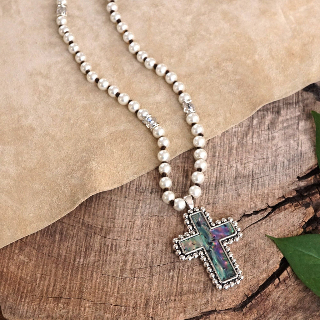 Pearlized beads Necklace with Cross and Clover pendant Mother of Pearl Abalone