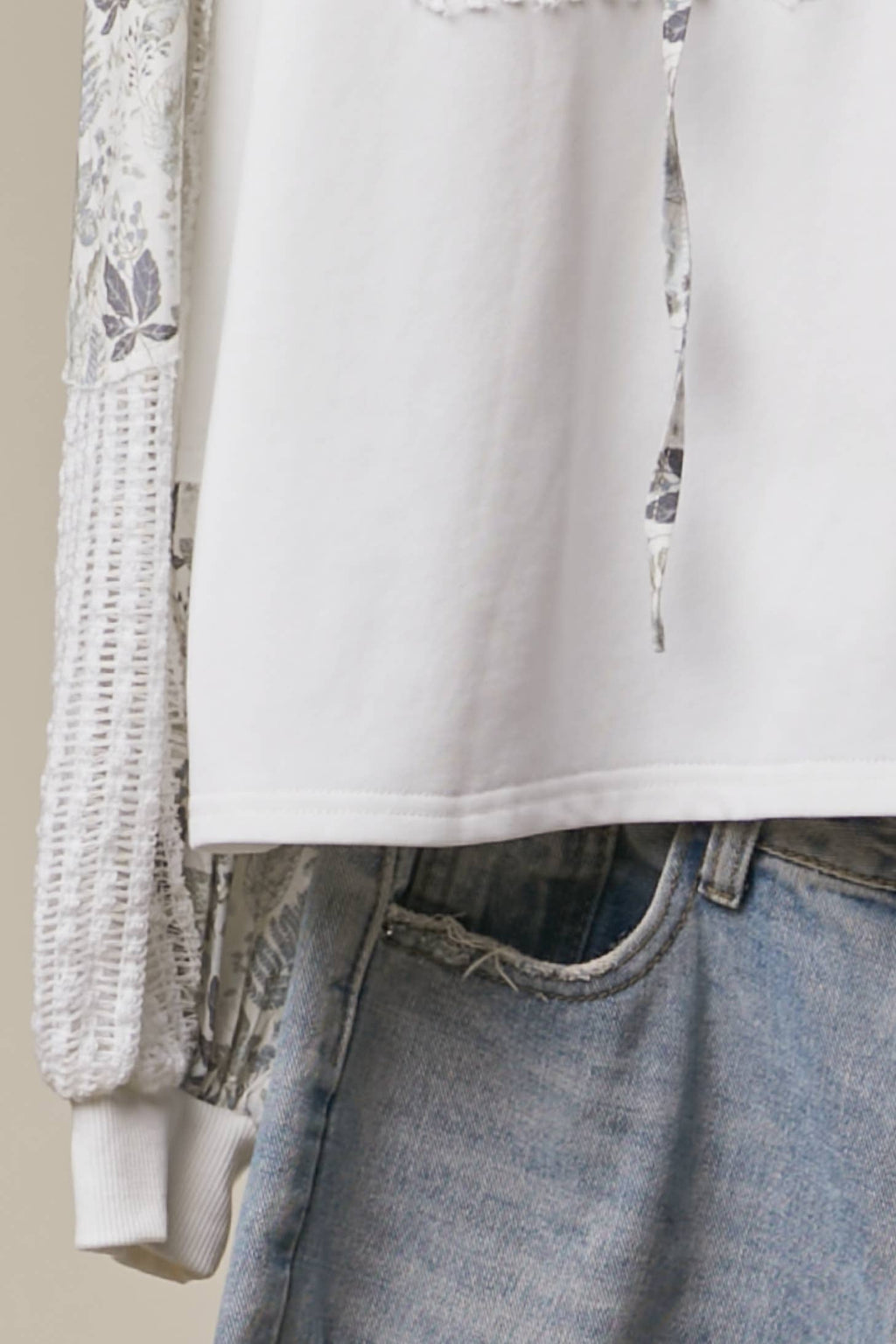 Floral Print Trim Hoodie with Drawstring Neck