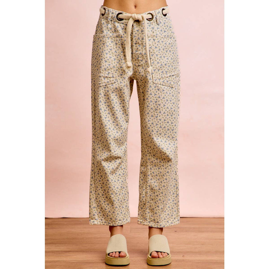 BRAIDED WAIST BELT PATCH POCKETS FLORAL PRINT PANT