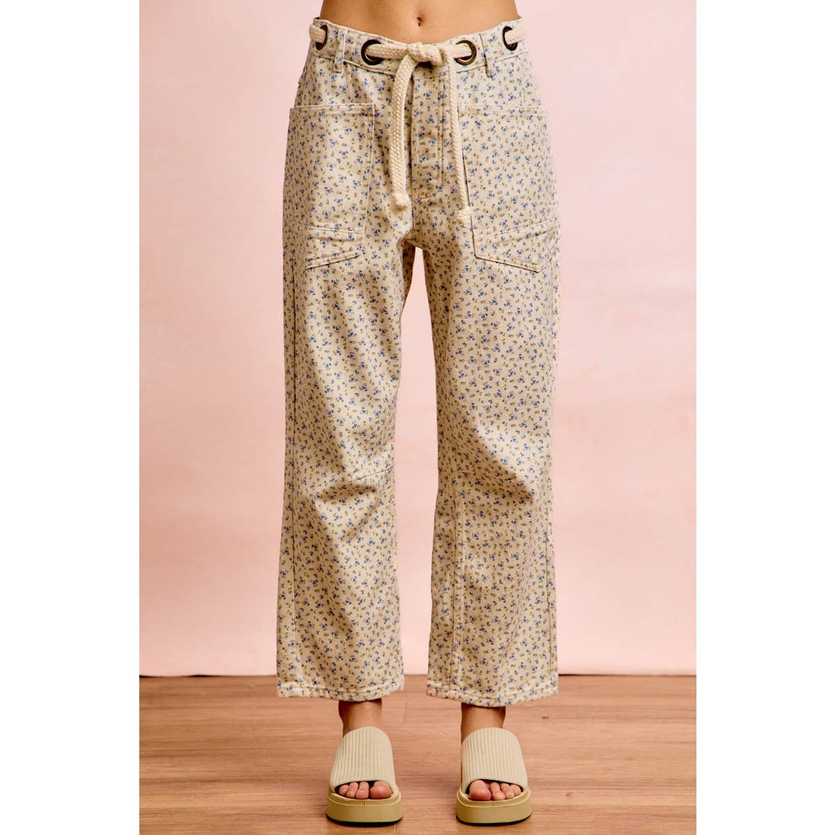 BRAIDED WAIST BELT PATCH POCKETS FLORAL PRINT PANT