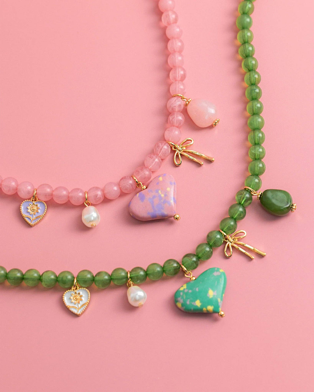Pink Jade Marbled Valentine Heart Bead Necklace