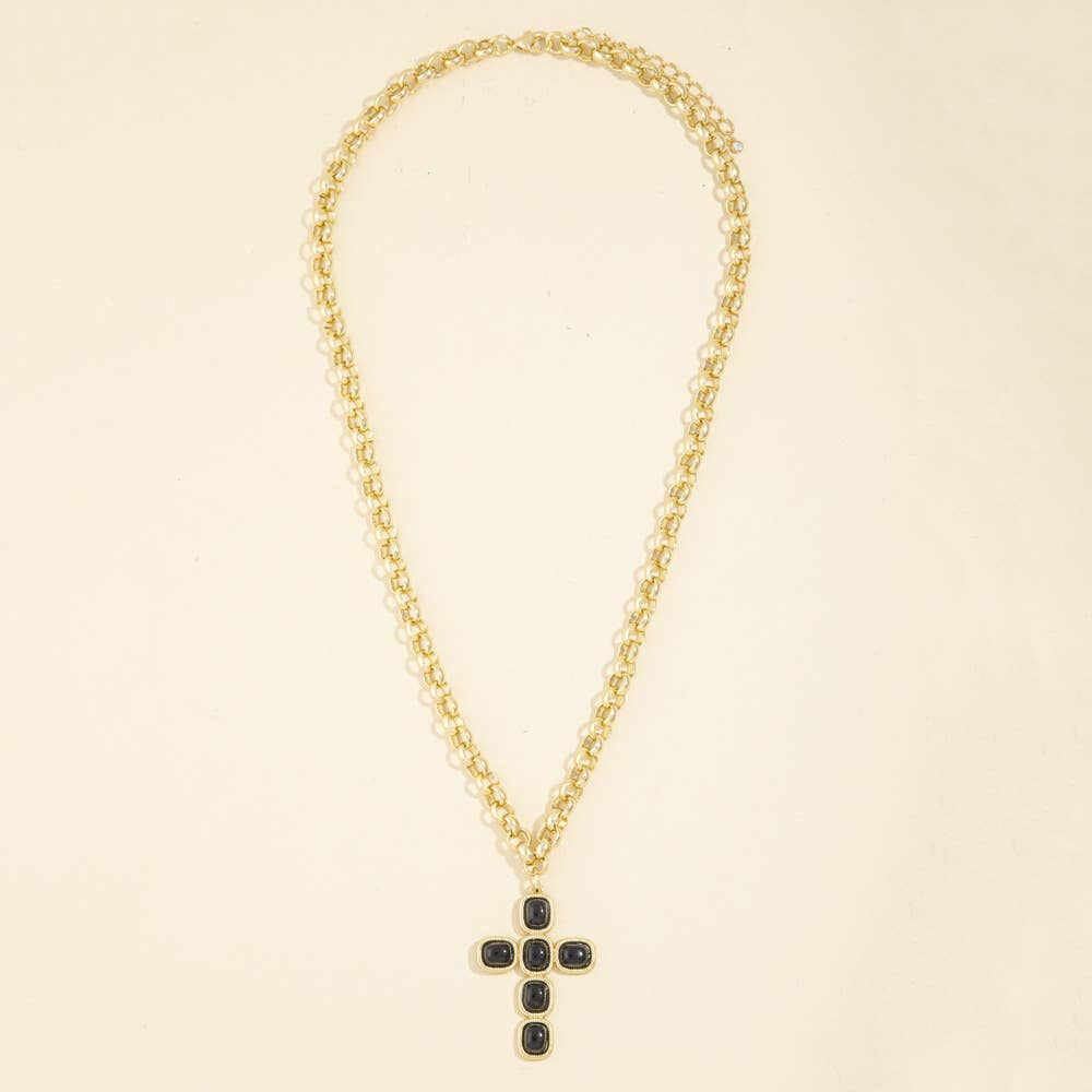 Cabochon Cross Pendant Rolo Chain Necklace