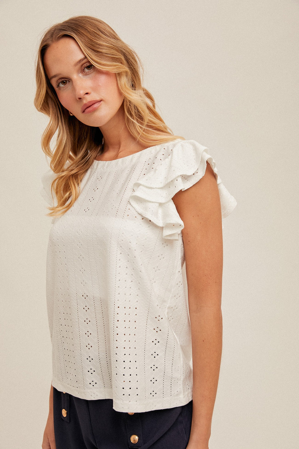 Knit Eyelet Flutter Sleeve Top