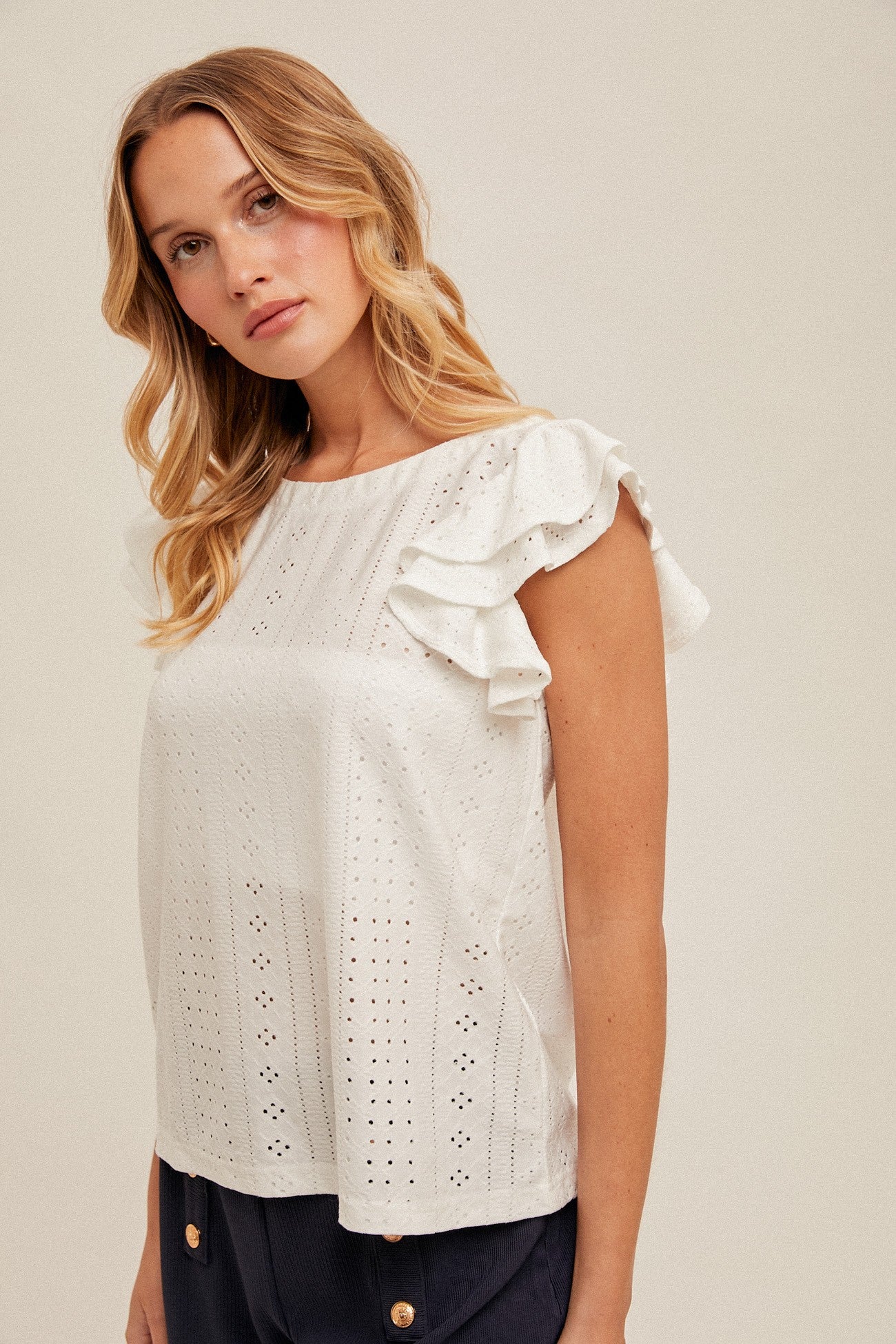 Knit Eyelet Flutter Sleeve Top