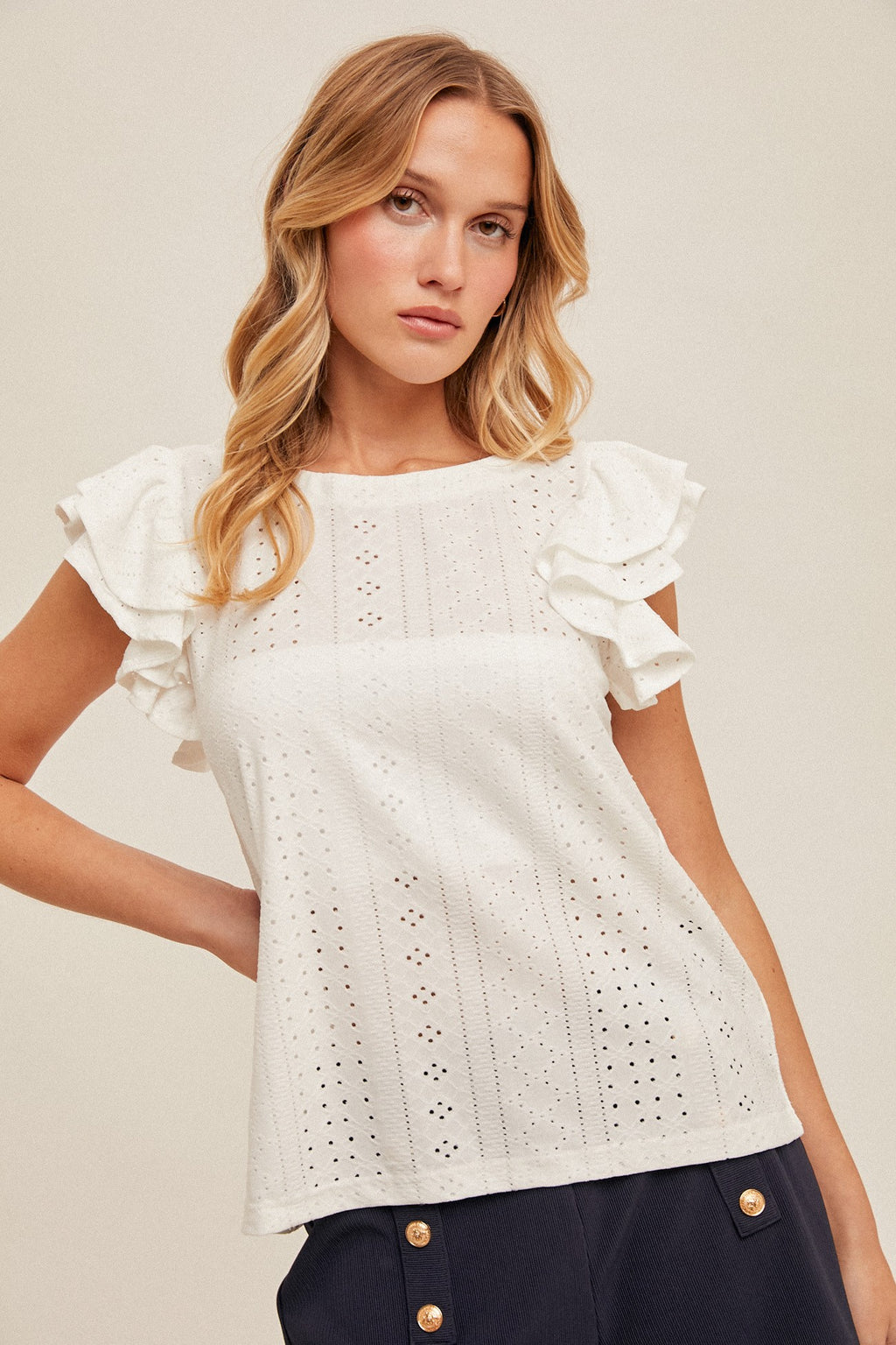 Knit Eyelet Flutter Sleeve Top