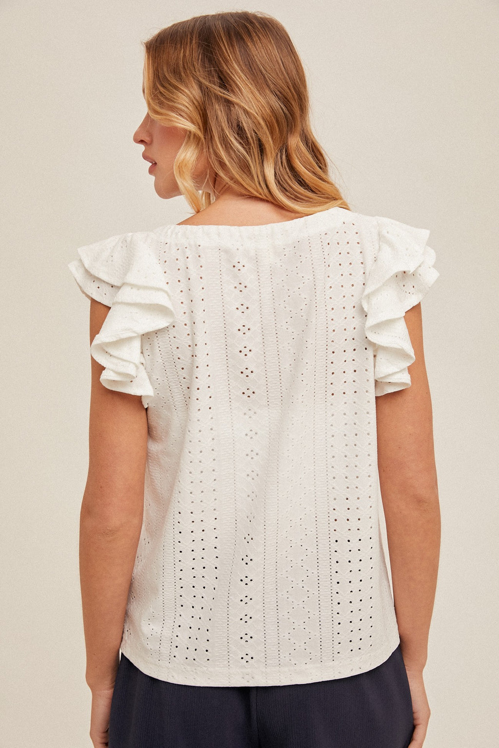 Knit Eyelet Flutter Sleeve Top