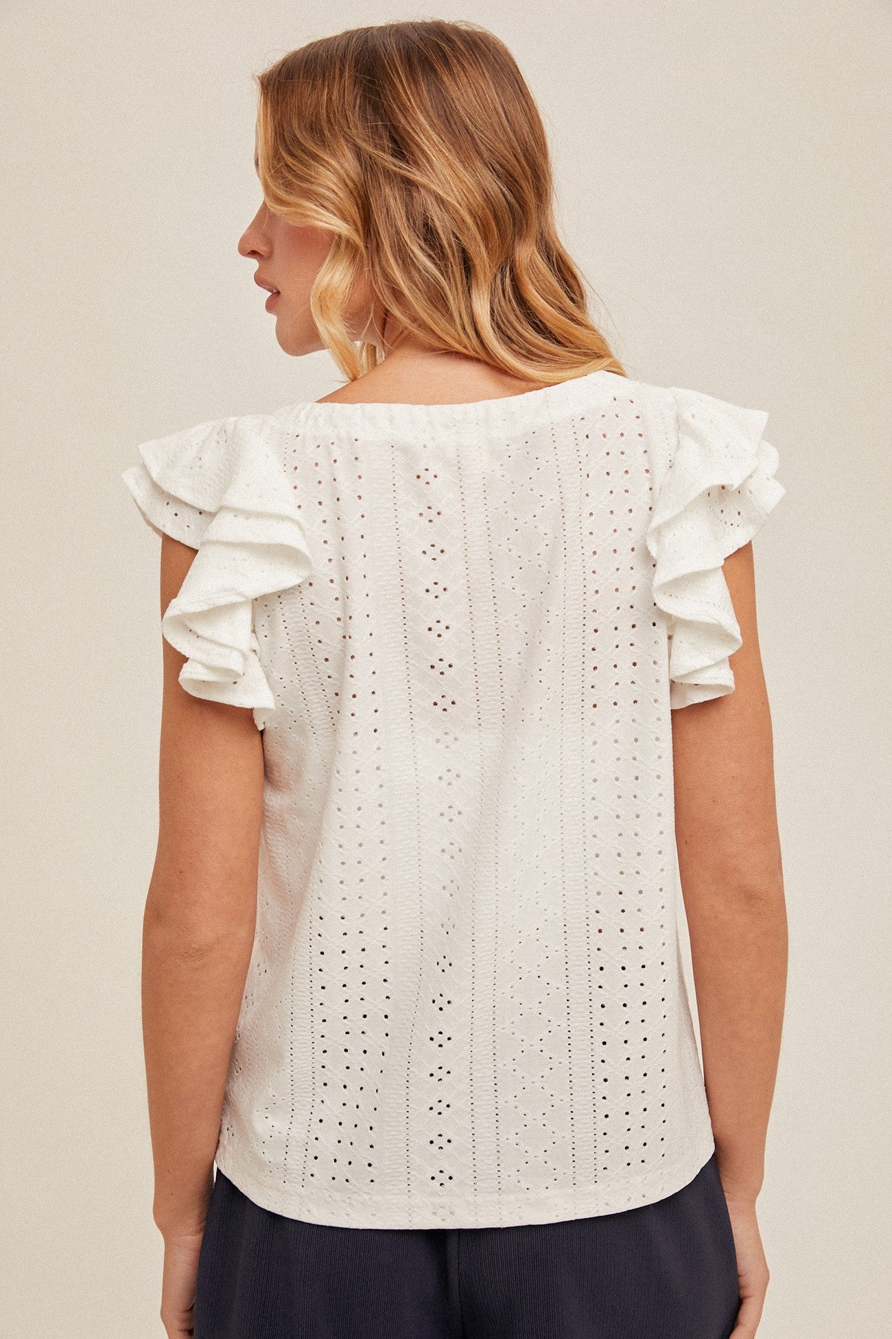 Knit Eyelet Flutter Sleeve Top