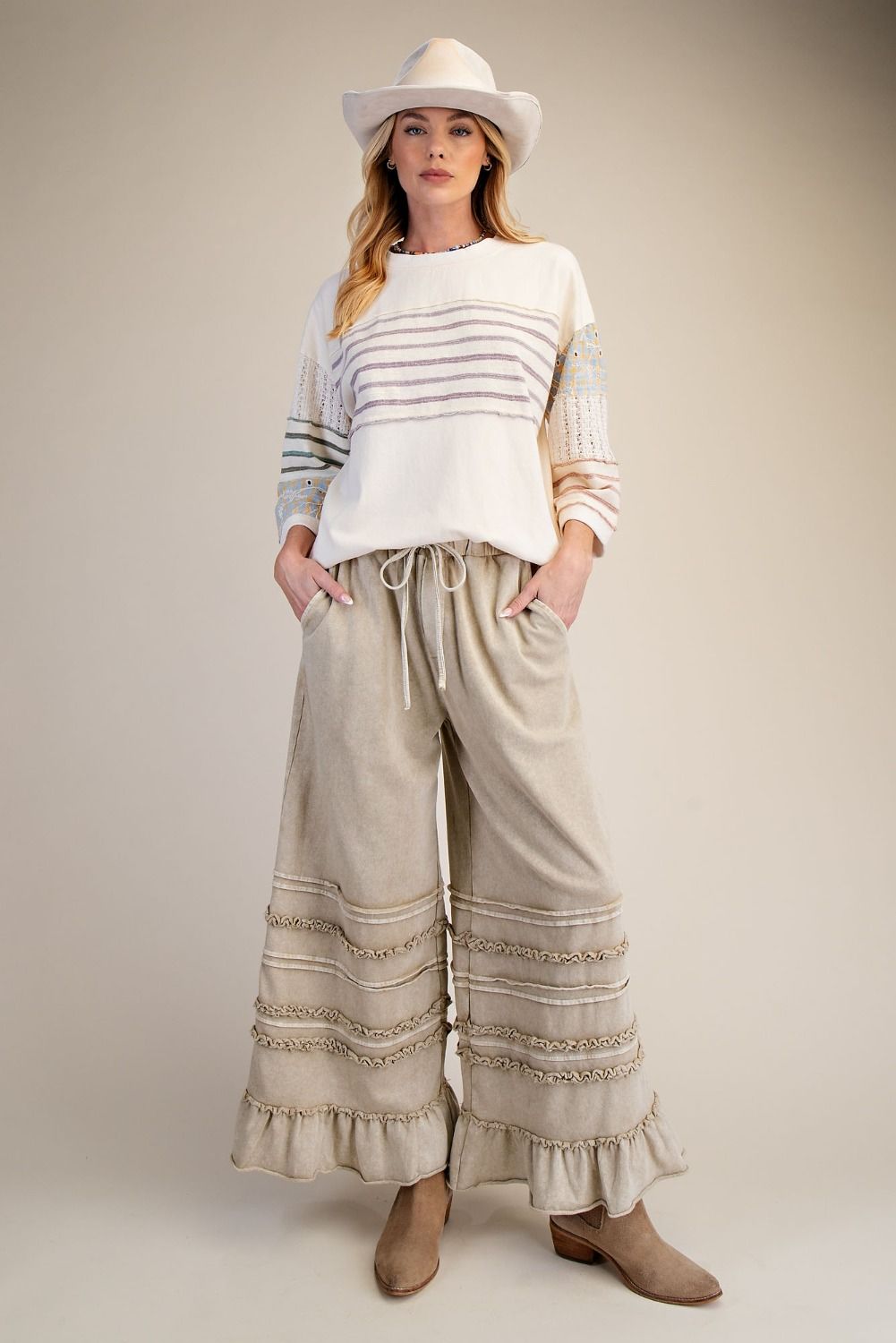 Easel Washed Terry Tiered Ruffle Wide Leg Pants