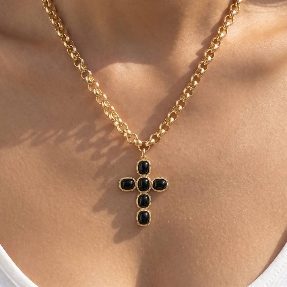 Cabochon Cross Pendant Rolo Chain Necklace