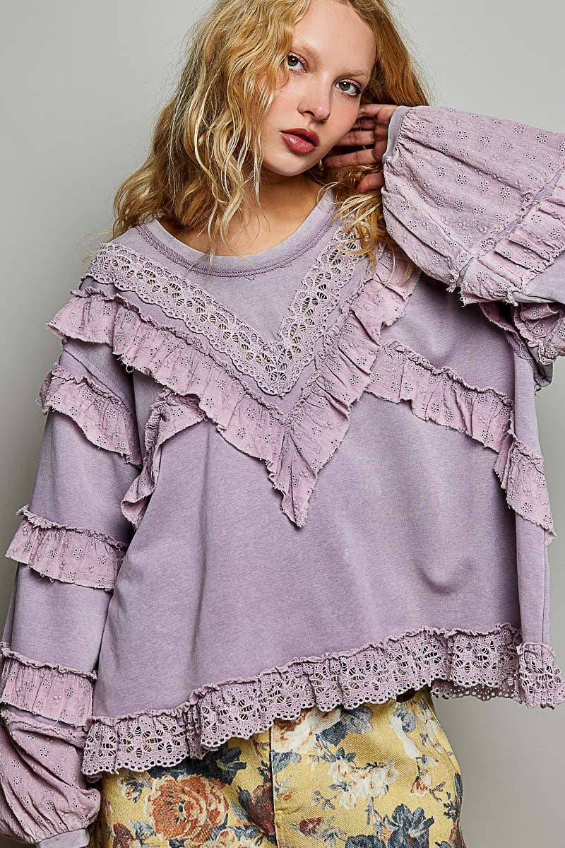 POL French Terry Eyelet Ruffle Vintage Washing Solid Knit Top