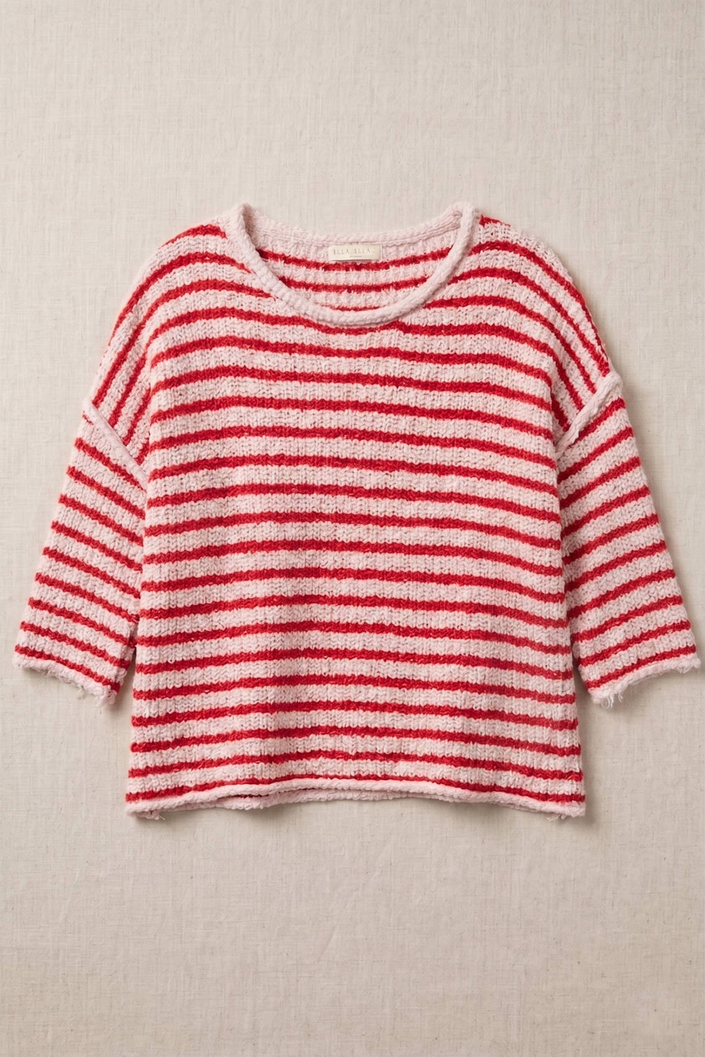 Loose Fit 3/4 Sleeve Striped Crew Neck Top