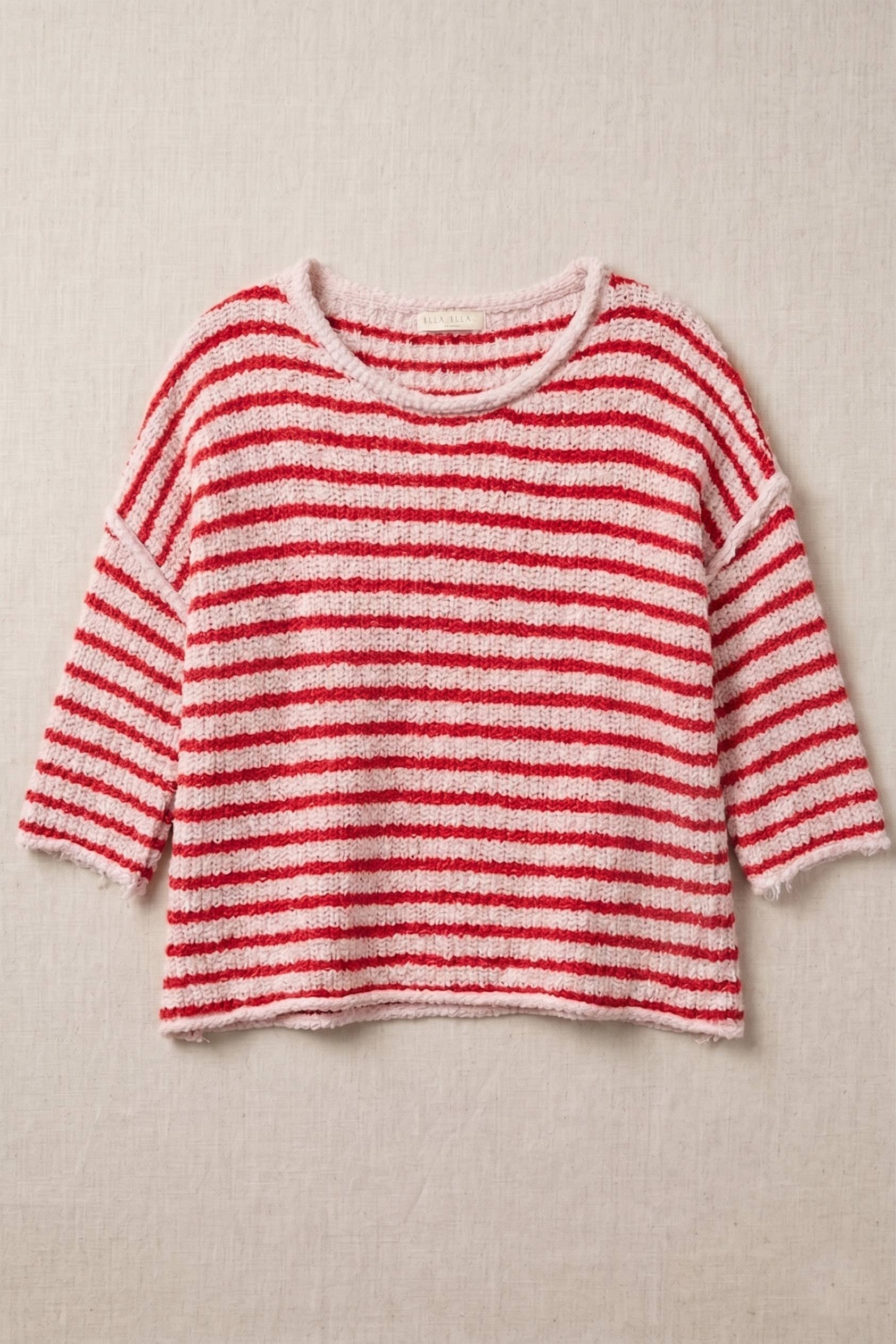 Loose Fit 3/4 Sleeve Striped Crew Neck Top