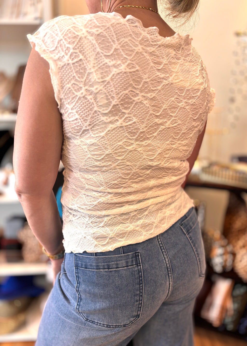 Jenna Lace Lettuce Edge Top in White