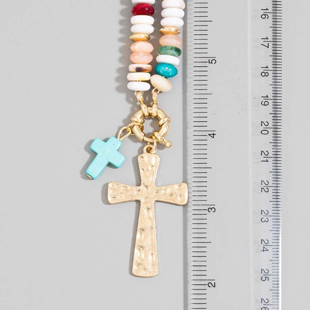 Acrylic Disc Beaded Double Cross Pendant Necklace