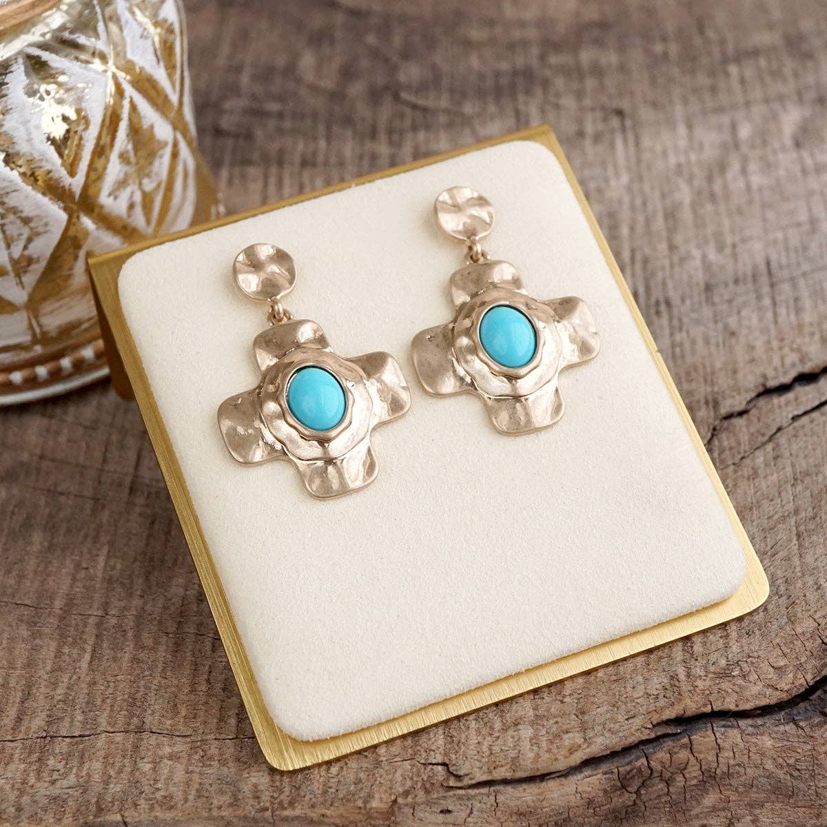 Sunlit Cross – Hammered Cabochon Earrings