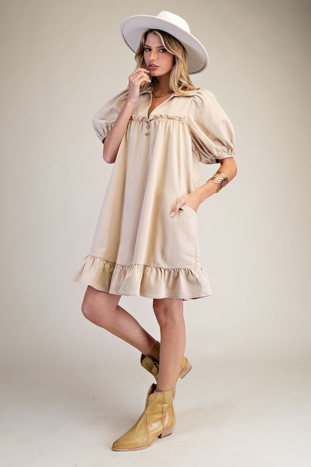 Easel Ruffle Bottom Chambray Dress