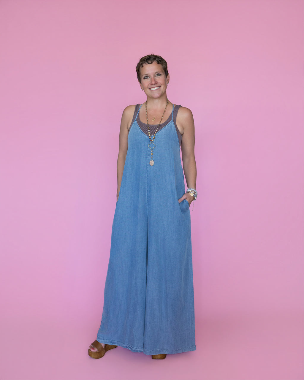 V-Neck Cami Washed Wide-Leg Jumpsuit